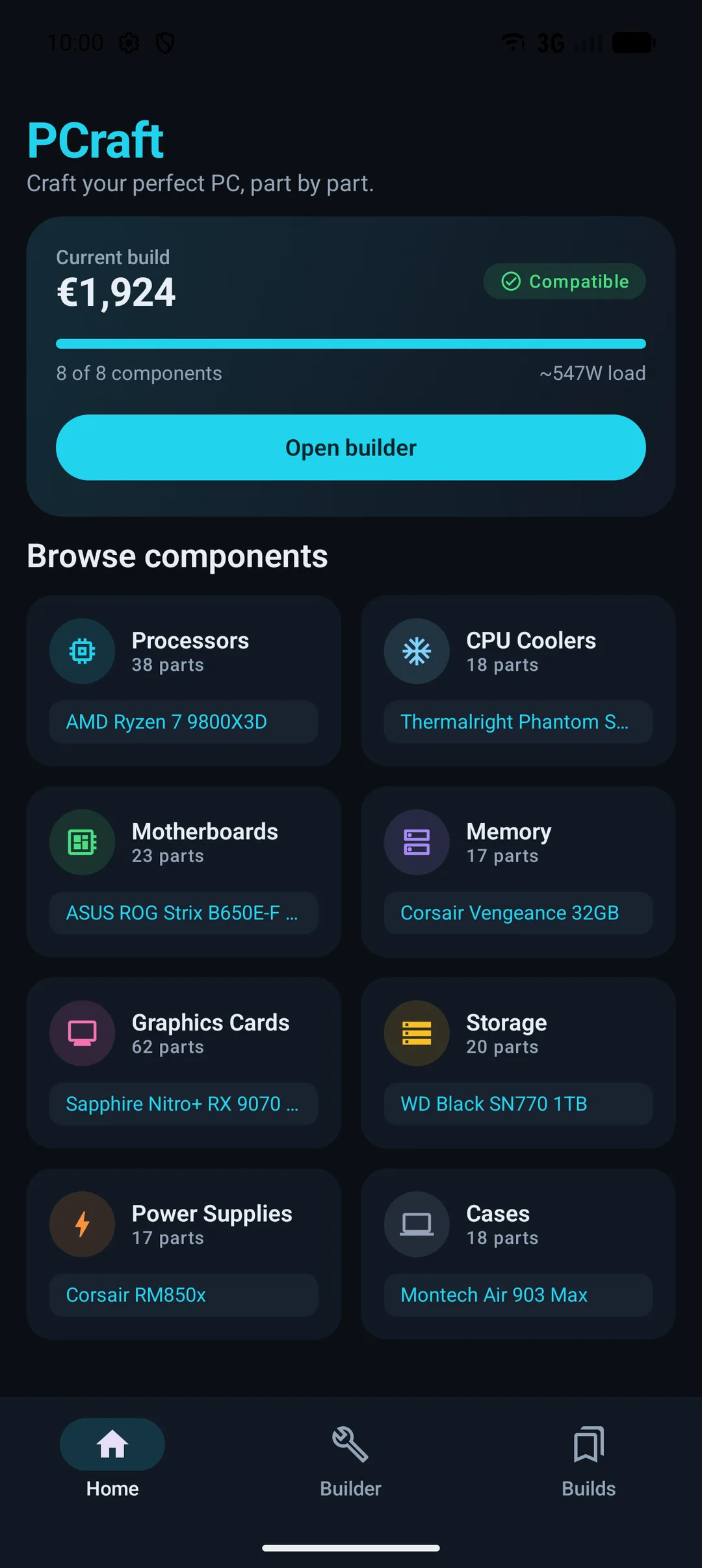 PCraft home — current build summary with total price and compatibility