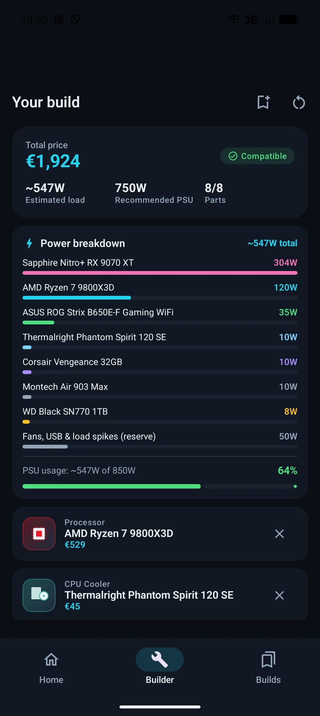 PCraft builder — compatibility check and power breakdown