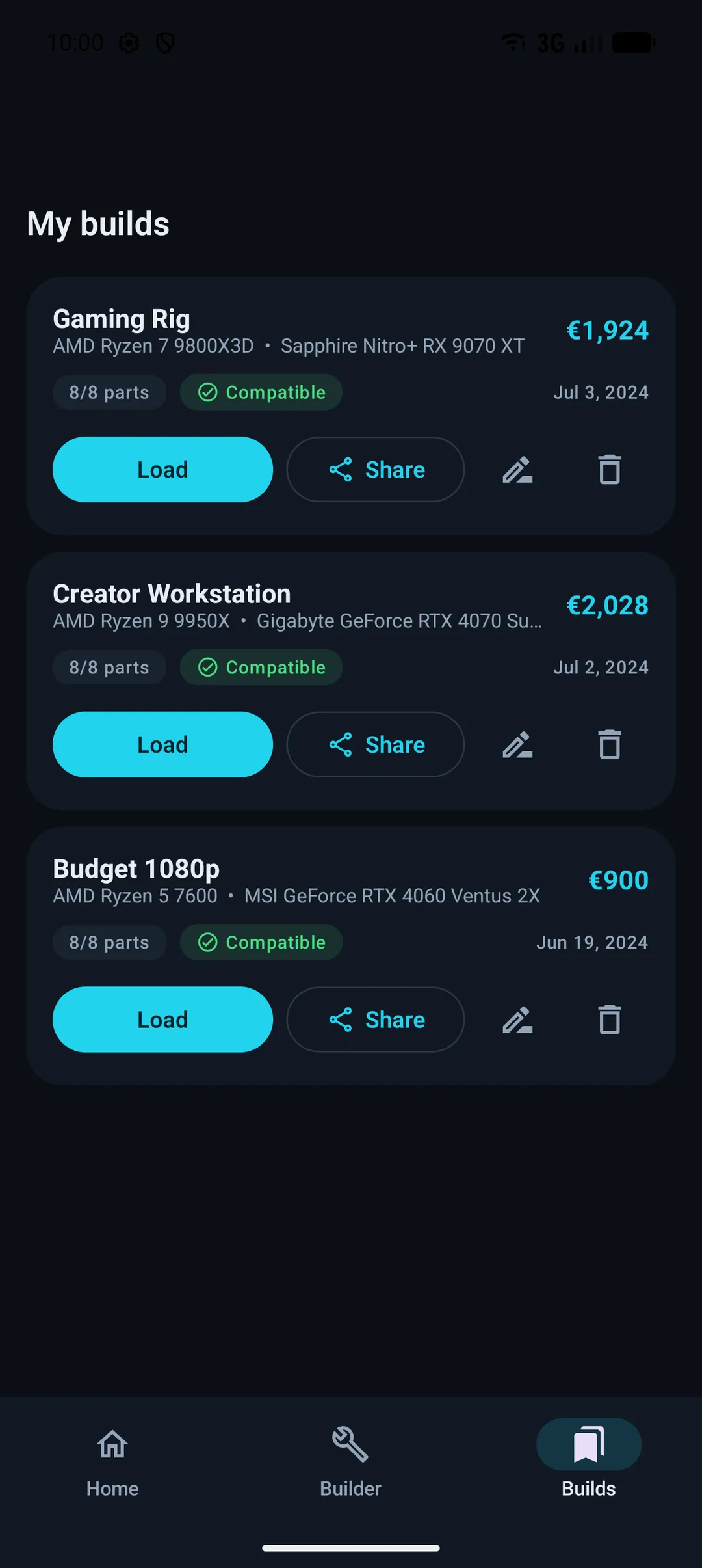 PCraft — saved builds with load and share actions