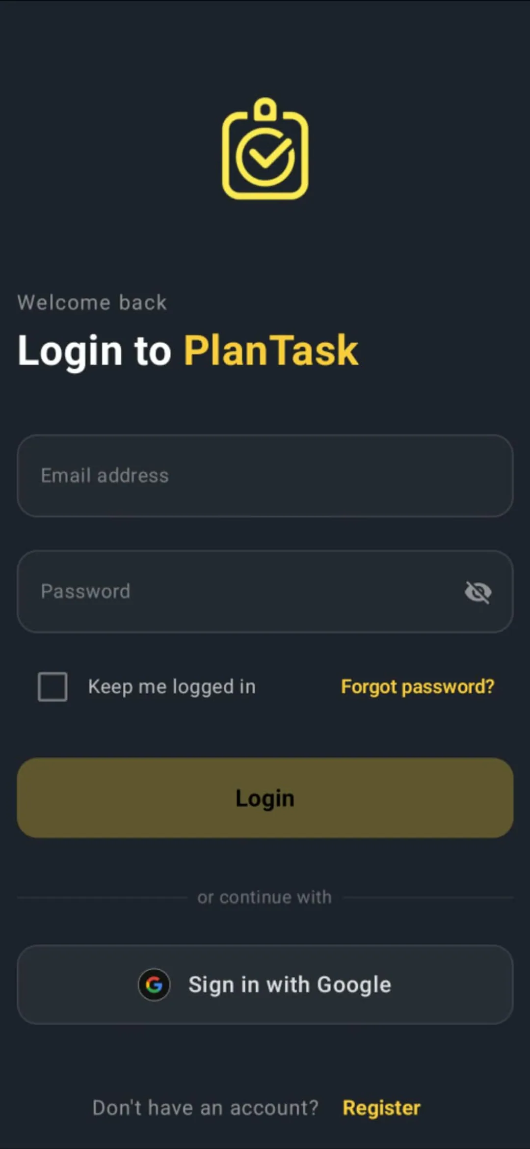 PlanTask login screen