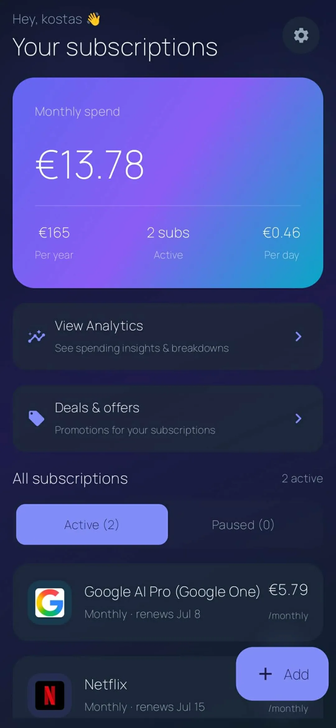 Subio home — your subscriptions overview