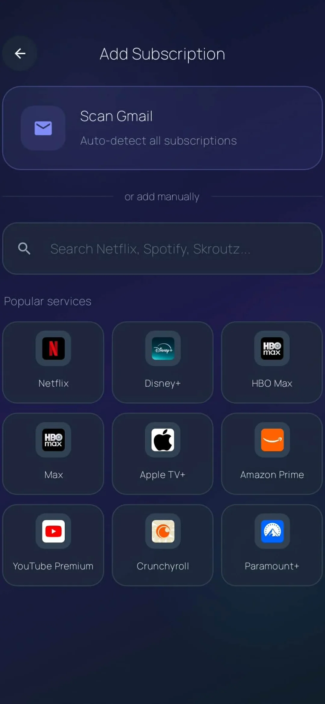 Subio — add a subscription or scan Gmail
